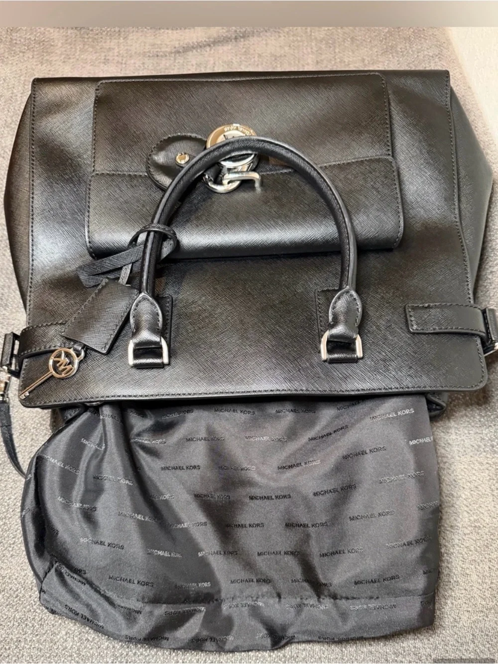 Michael Kors Black Saffiano Satchel with MK Charm